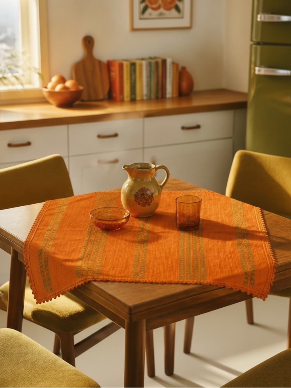 Vintage 1970's Square Woven Table Topper / Tablecloth In Orange / Green